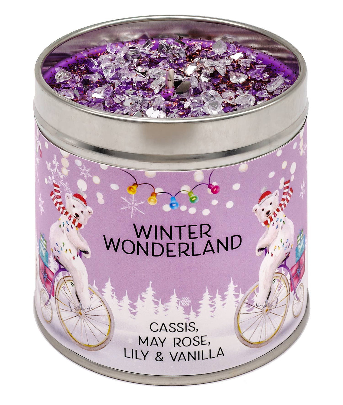 Candle tin labeled 'Winter Wonderland' with purple and silver design