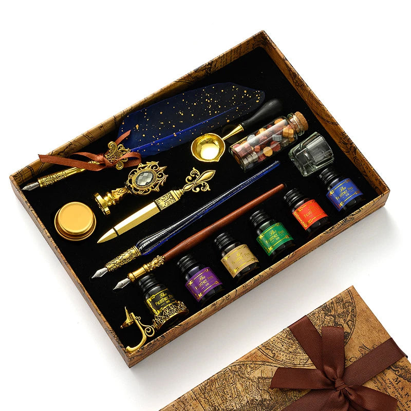 Premium Multifunctional Sprinkling Gold Vintage Feather Quill Dip Pen Writing Ink Set And Wax Seal Set Novelty Gift For Men