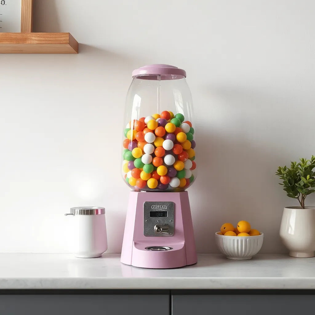 Countertop gumball dispenser with clear globe showing colorful gumballs in a modern home setting