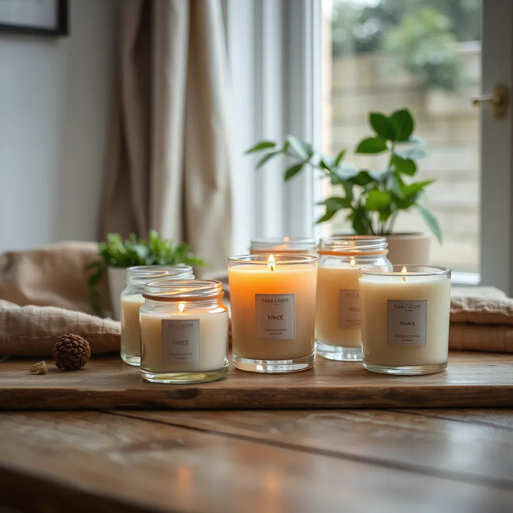 Warmly lit scented candles in glass jars on a wooden table in soft daylight
