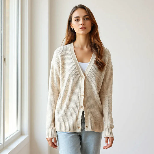 Neutral knit cardigan layered over a simple outfit in bright natural light