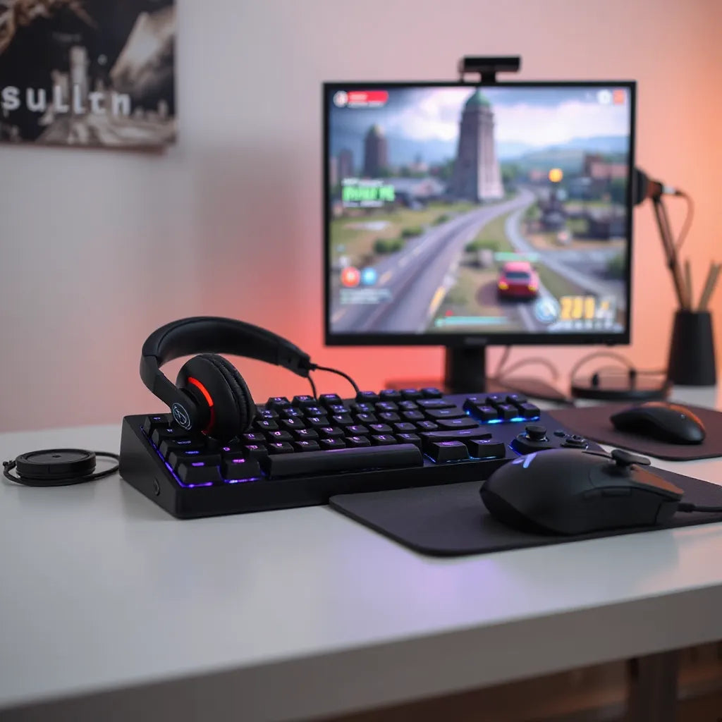 Gaming headset, keyboard, mouse, and controller arranged on a clean desk with a monitor in the background