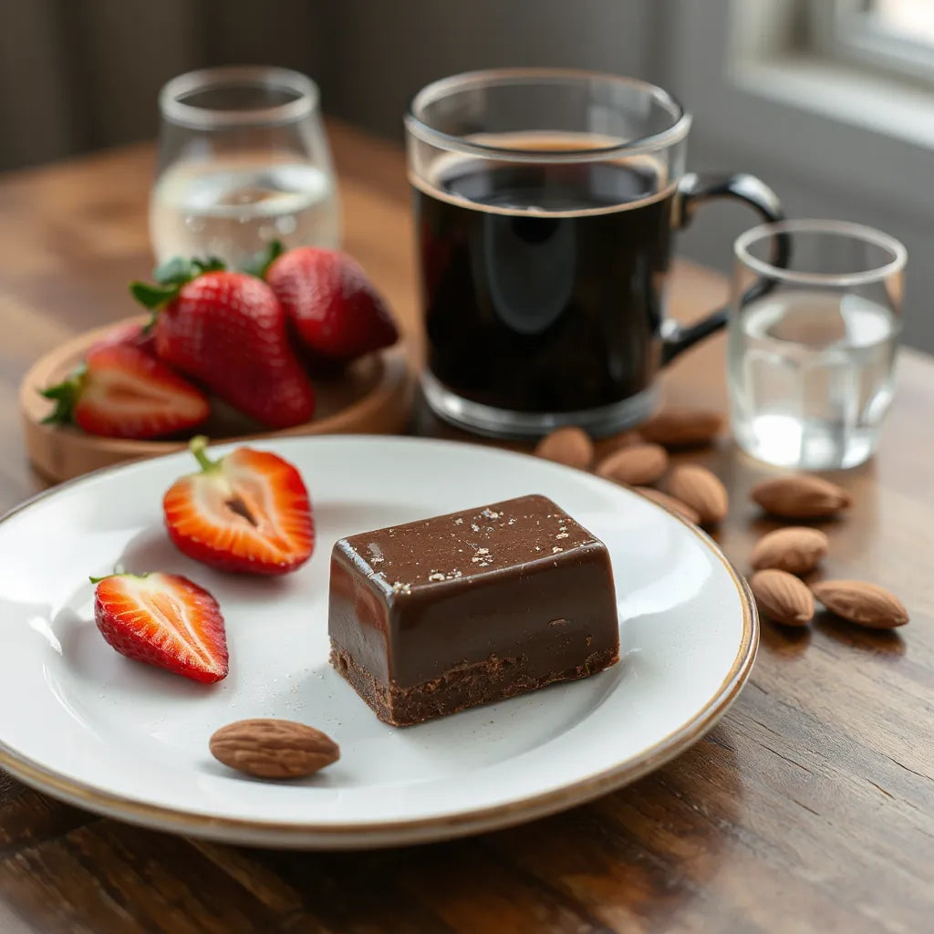 Gourmet chocolate piece with strawberries and almonds beside a cup of coffee