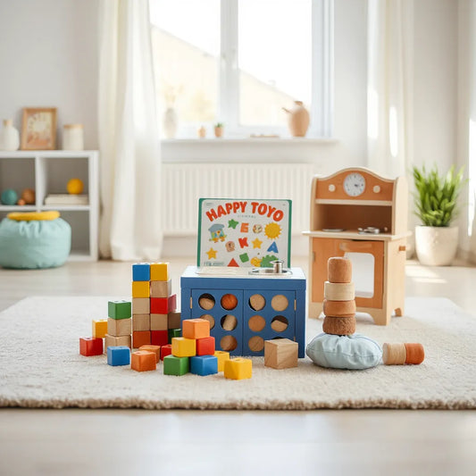Age-appropriate children’s toys arranged neatly on a rug in a bright playroom
