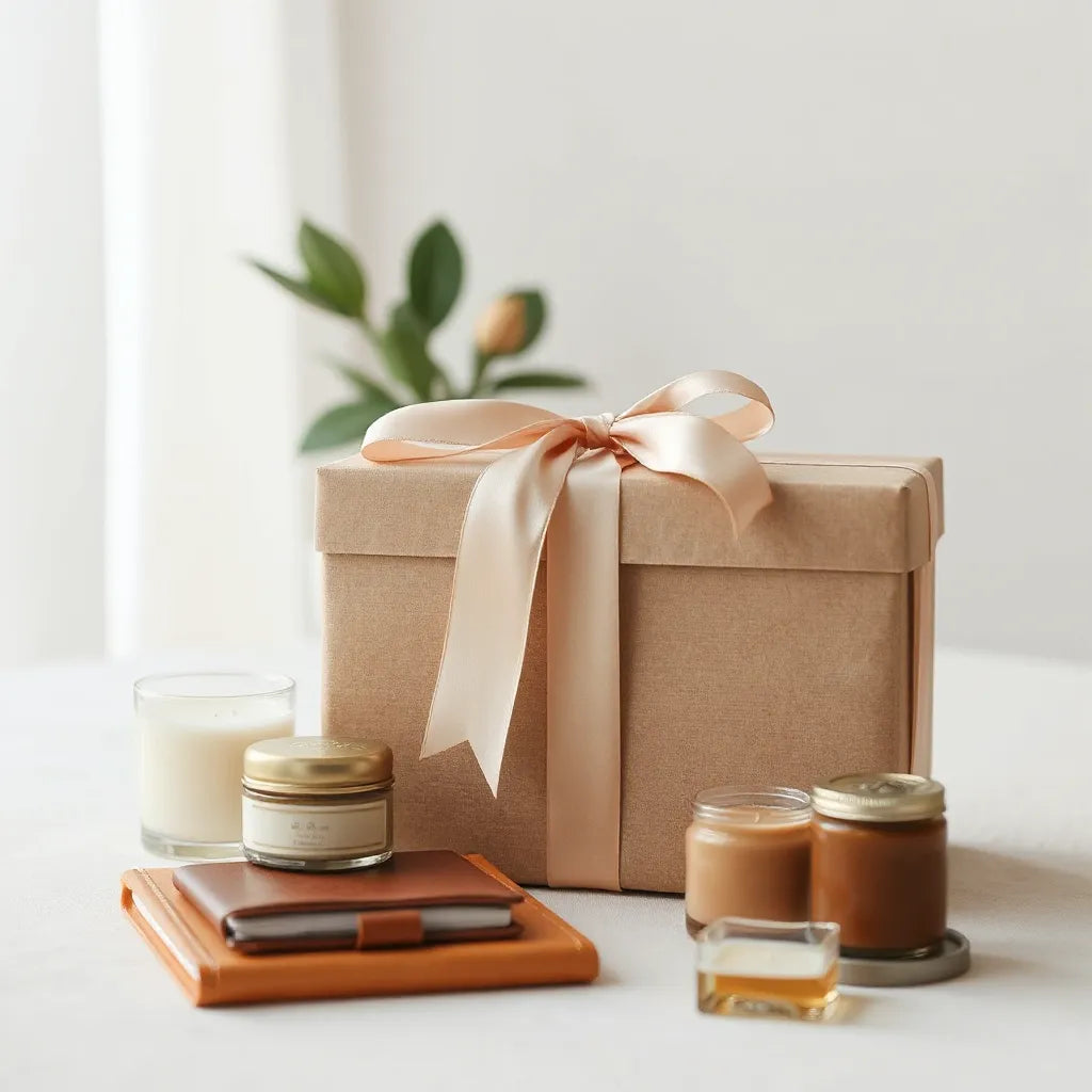 Elegant wrapped gift box with satin ribbon and premium accessories on a light neutral tabletop