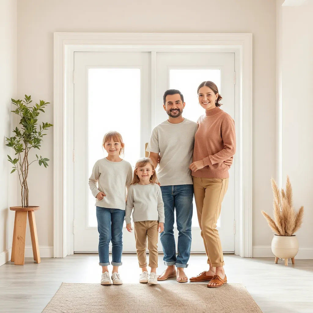 Family of four wearing coordinated, comfortable clothing sets in complementary colors indoors