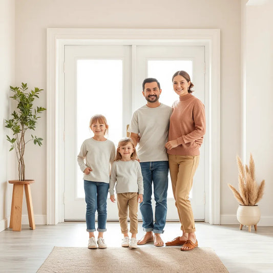 Family of four wearing coordinated, comfortable clothing sets in complementary colors indoors