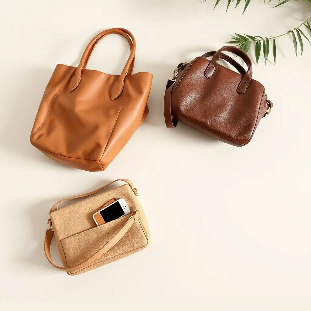 Assorted stylish everyday bags, including a tote and crossbody, neatly arranged with visible textures and hardware