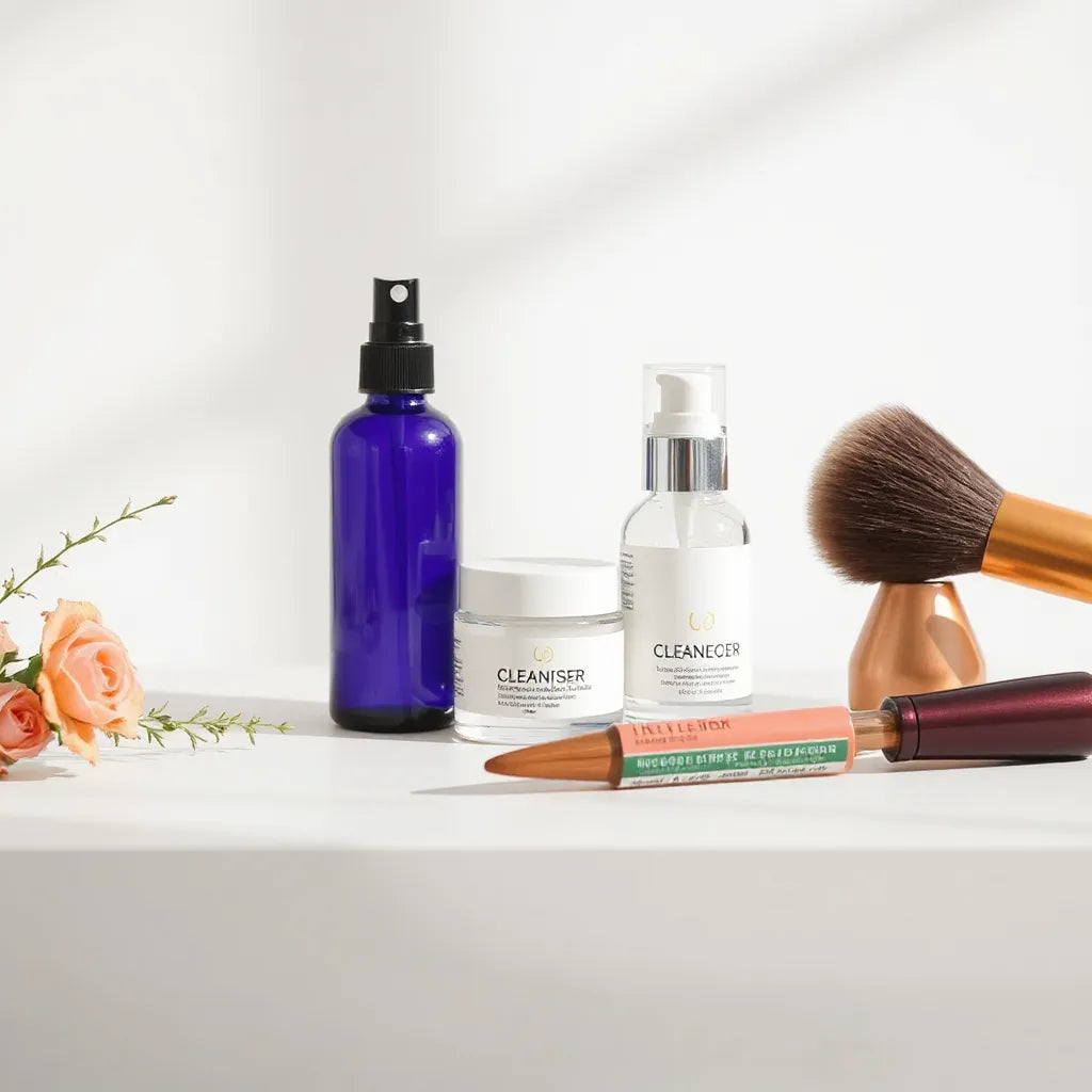 Skincare and makeup essentials arranged neatly on a light neutral surface