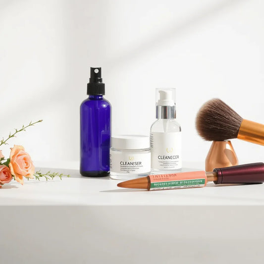 Skincare and makeup essentials arranged neatly on a light neutral surface