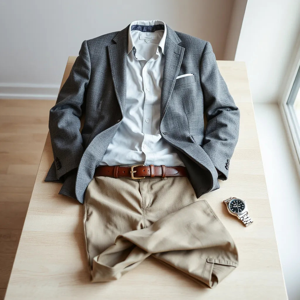 Tailored blazer and crisp shirt styled on a minimal table with accessories under soft natural light