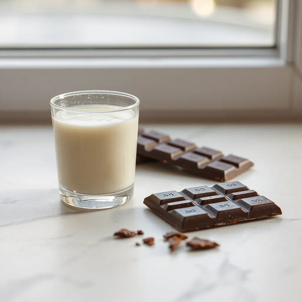 White milk poured next to a dark chocolate bar with scattered shards on a light marble surface