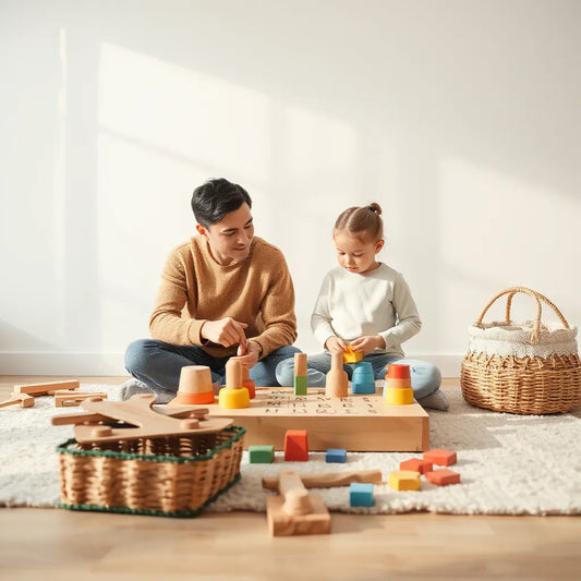 Parent and child playing with skill-building educational toys on a rug