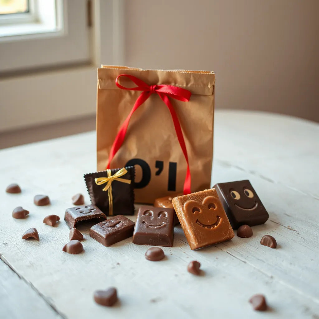 Wrapped novelty chocolates with a ribbon bow on a simple table, set for playful gifting