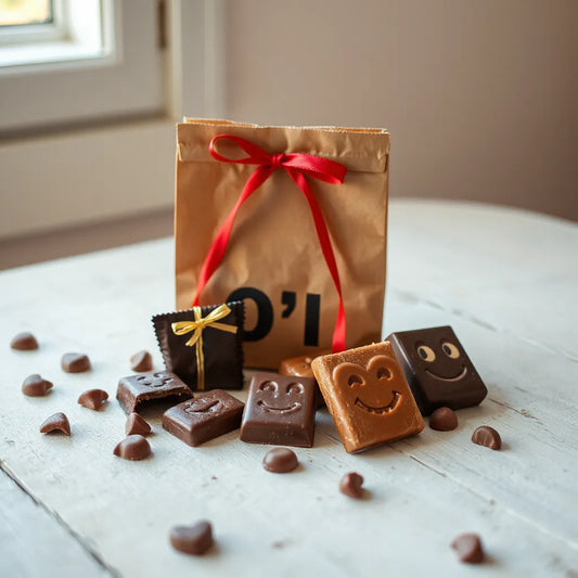Wrapped novelty chocolates with a ribbon bow on a simple table, set for playful gifting