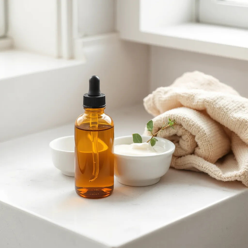 Amber serum dropper and cream in a ceramic bowl with fresh green leaves on a neutral countertop