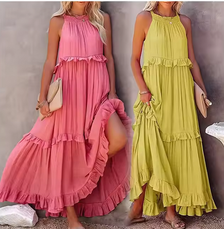 Womens Ruffle Loose Dress Summer Beach Holiday Casual Camisole Maxi Long Dress