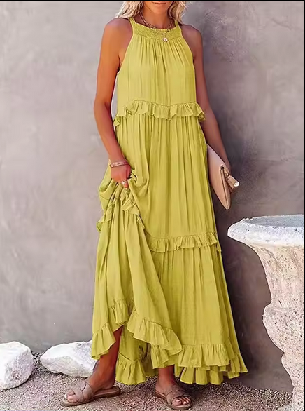 Womens Ruffle Loose Dress Summer Beach Holiday Casual Camisole Maxi Long Dress