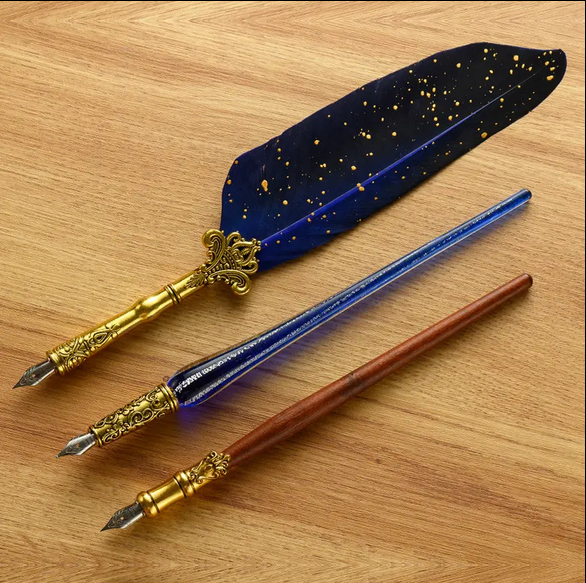 Premium Multifunctional Sprinkling Gold Vintage Feather Quill Dip Pen Writing Ink Set And Wax Seal Set Novelty Gift For Men