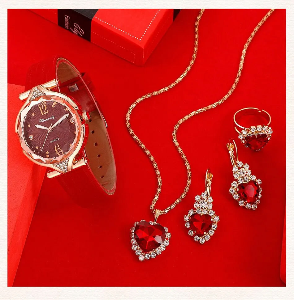 5-Piece Women's Blue Crystal Watch and Jewelry Gift Set