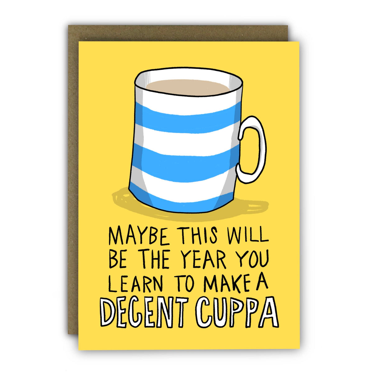 Funny Birthday Card “Decent Cuppa” Cornishware Mug Design