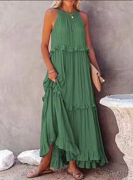 Womens Ruffle Loose Dress Summer Beach Holiday Casual Camisole Maxi Long Dress