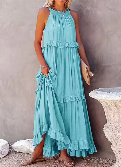 Womens Ruffle Loose Dress Summer Beach Holiday Casual Camisole Maxi Long Dress