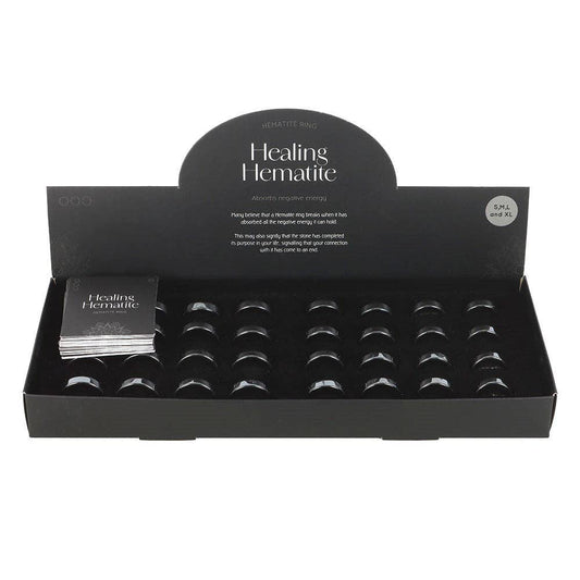 Set of 32 Healing Hematite Rings in Display