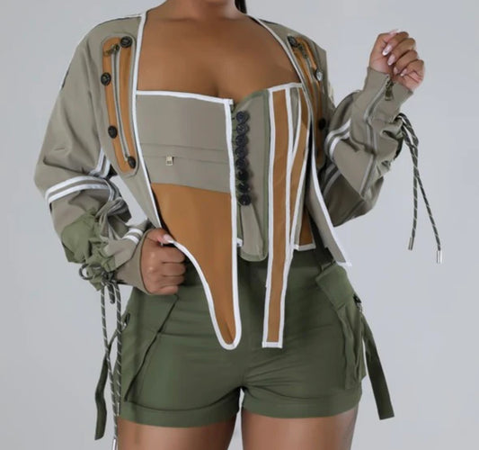 Ladies Trendy Patchwork Corset Army Windbreaker Jacket
