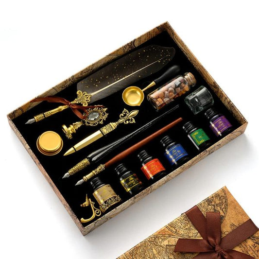 Premium Multifunctional Sprinkling Gold Vintage Feather Quill Dip Pen Writing Ink Set And Wax Seal Set Novelty Gift For Men