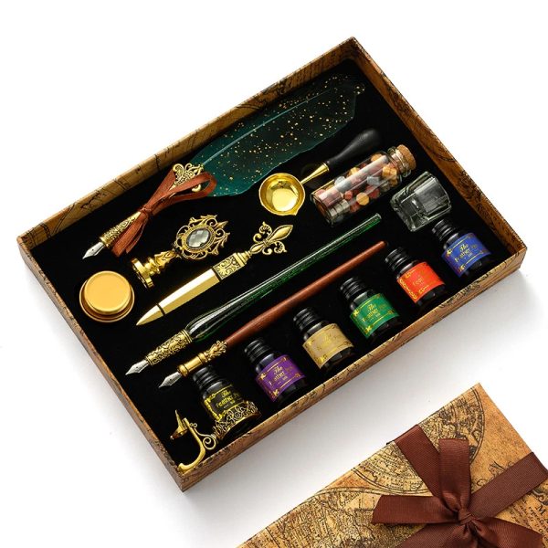 Premium Multifunctional Sprinkling Gold Vintage Feather Quill Dip Pen Writing Ink Set And Wax Seal Set Novelty Gift For Men