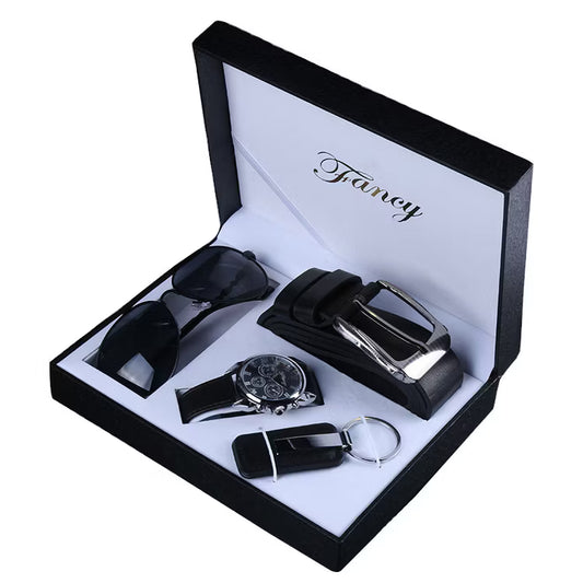 Men Gift Set Wrist Watch Belt Keychain Sunglasses
