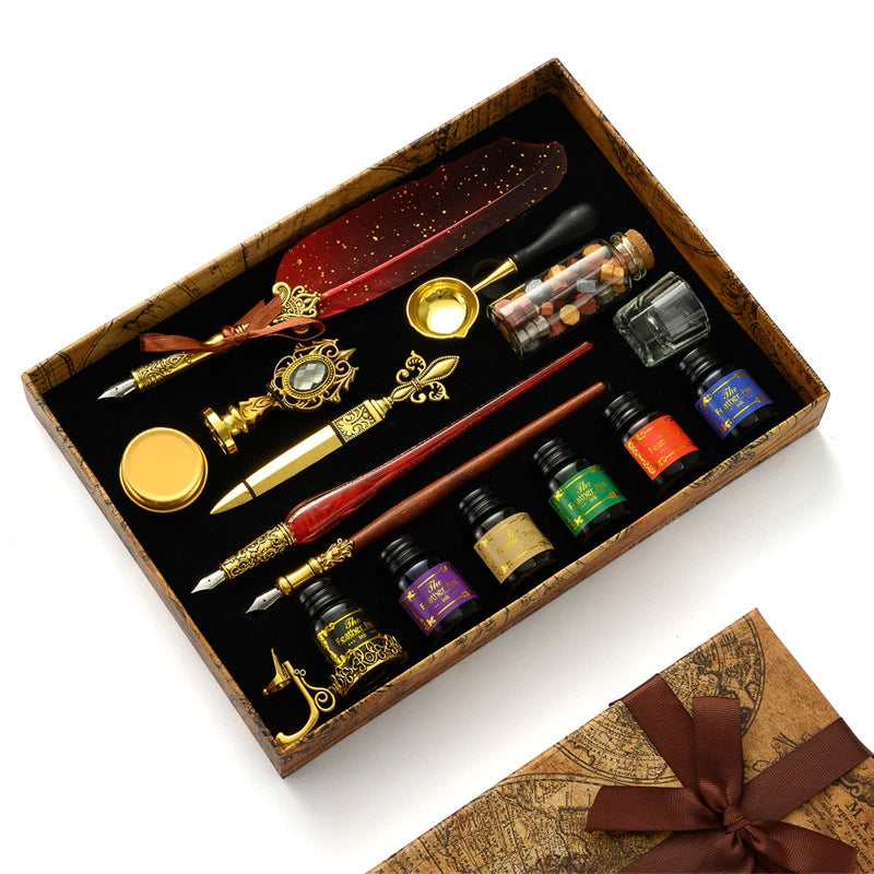 Premium Multifunctional Sprinkling Gold Vintage Feather Quill Dip Pen Writing Ink Set And Wax Seal Set Novelty Gift For Men