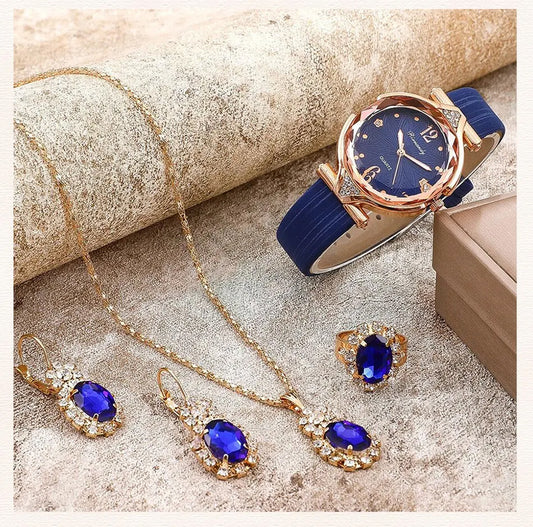 5-Piece Women's Blue Crystal Watch and Jewelry Gift Set