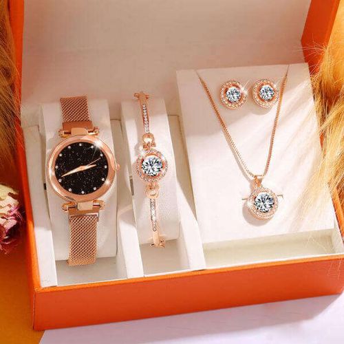 4-Piece Crystal Watch & Jewelry Set for Women