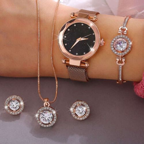 4-Piece Crystal Watch & Jewelry Set for Women